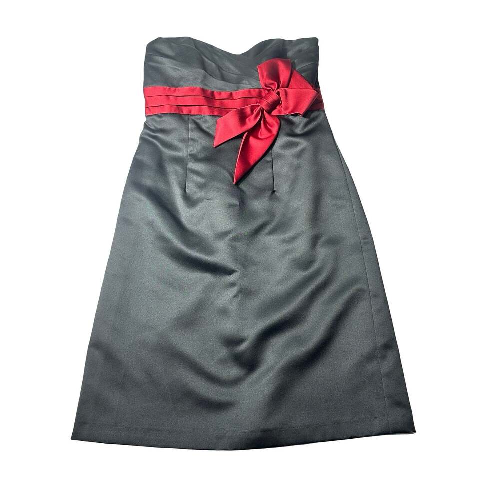 Alfred Angelo Strapless Black Satin Cocktail Dress 8 Red Claret Sash Bow Formal